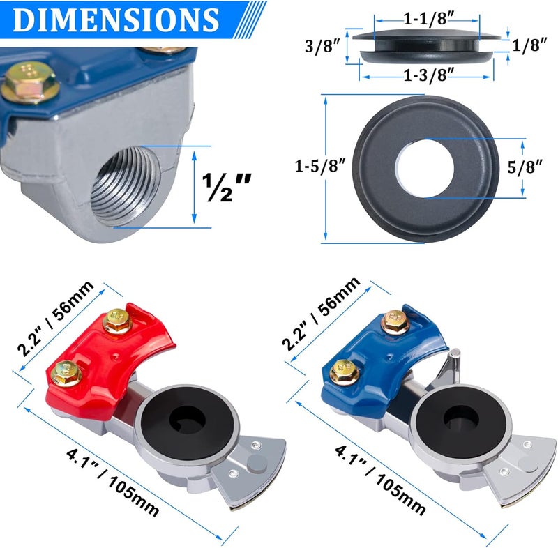 YiaChuii Glad Hands, 3 Set Blue & Red Aluminum Emergency Gladhands for Semi Trucks Trailers Air Lines 6 Glad Hand Seals - Image 2